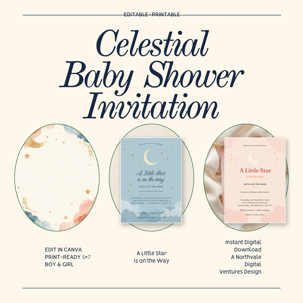 Celestial Baby Shower Invitation | Boy & Girl | Editable Canva + Printable 5x7