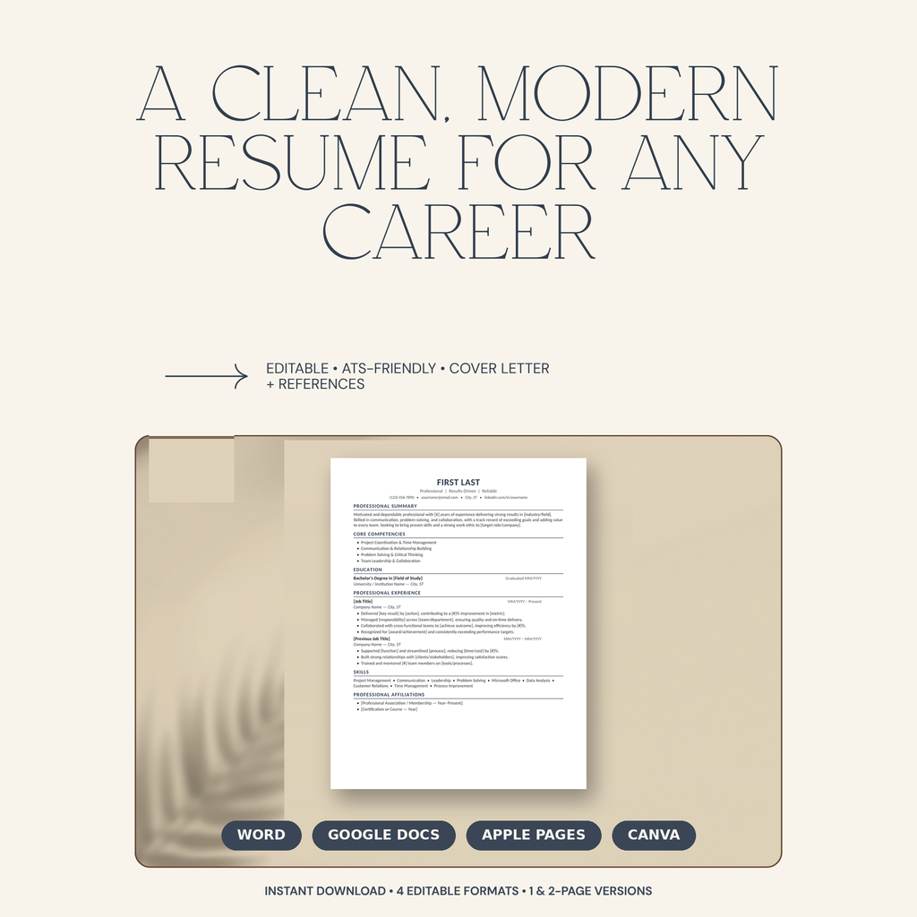 Resume Template Bundle | ATS-Friendly CV | Word, Google Docs, Pages & Canva | Cover Letter + References
