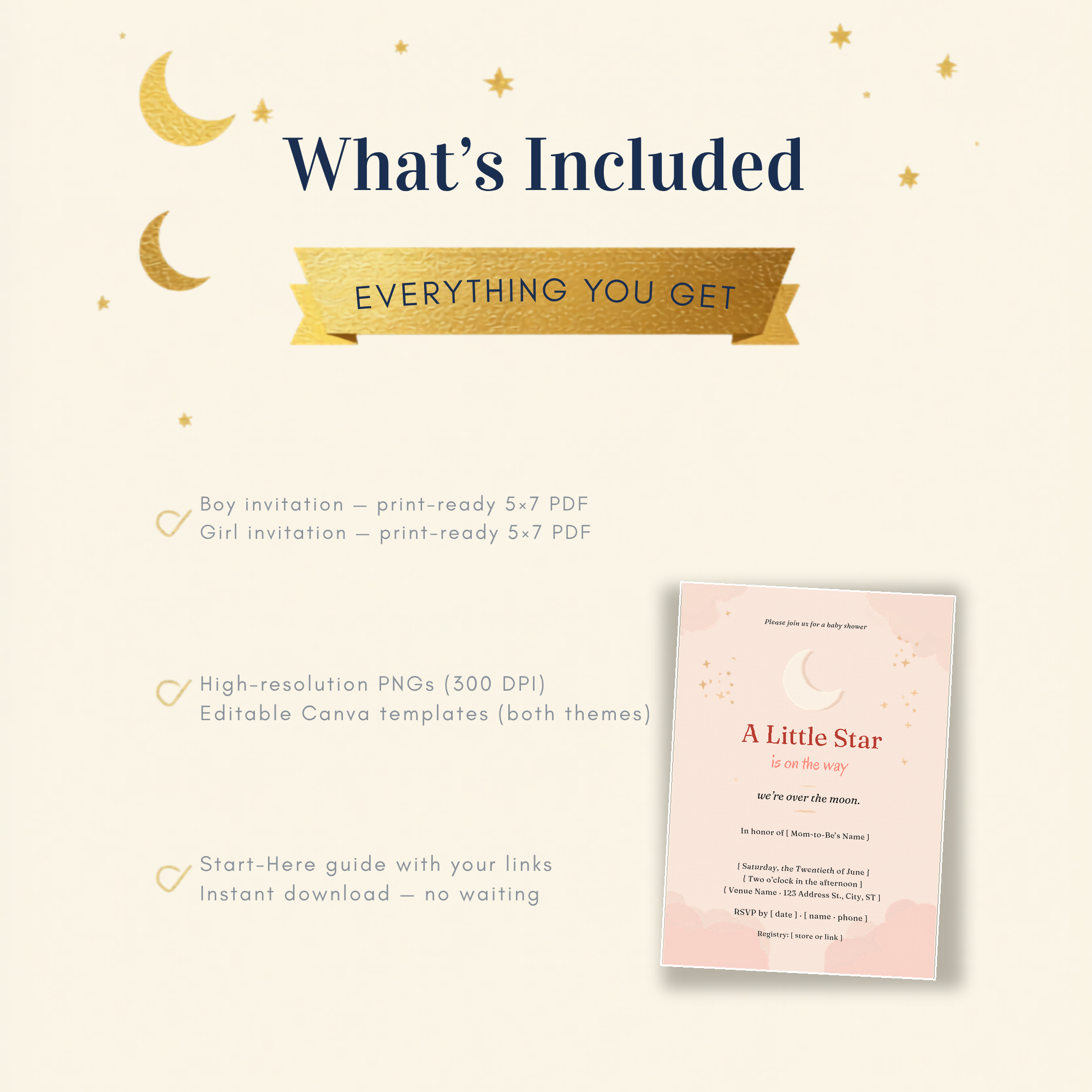 Celestial Baby Shower Invitation | Boy & Girl | Editable Canva + Printable 5x7